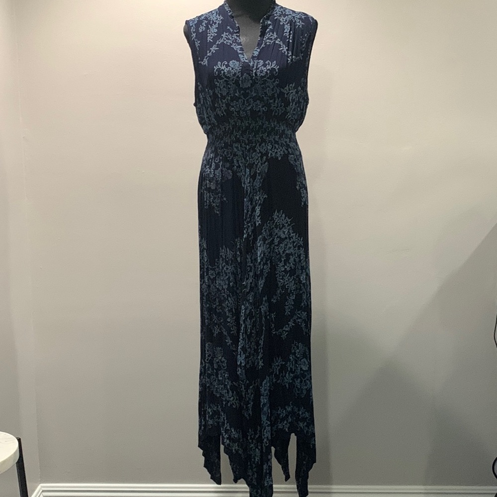 Bila A line Sleeveless Navy Blue Floral Maxi Sundress with Scarf Hem - Size L